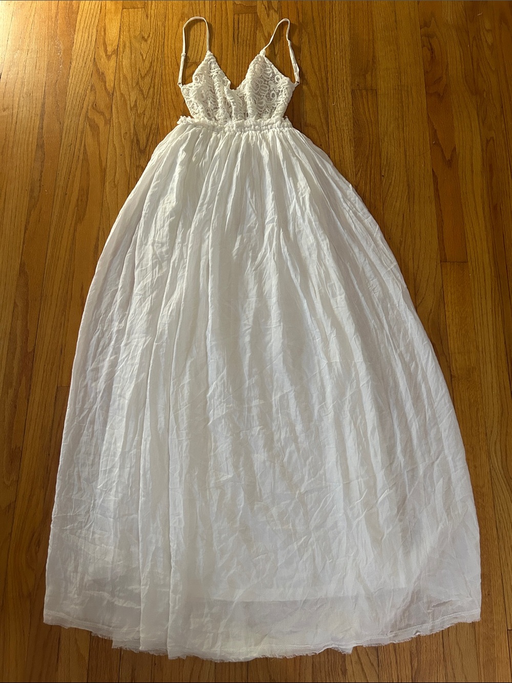 Fashion Nova White Lace Bodice Backless Maxi Dress with Frayed Edges